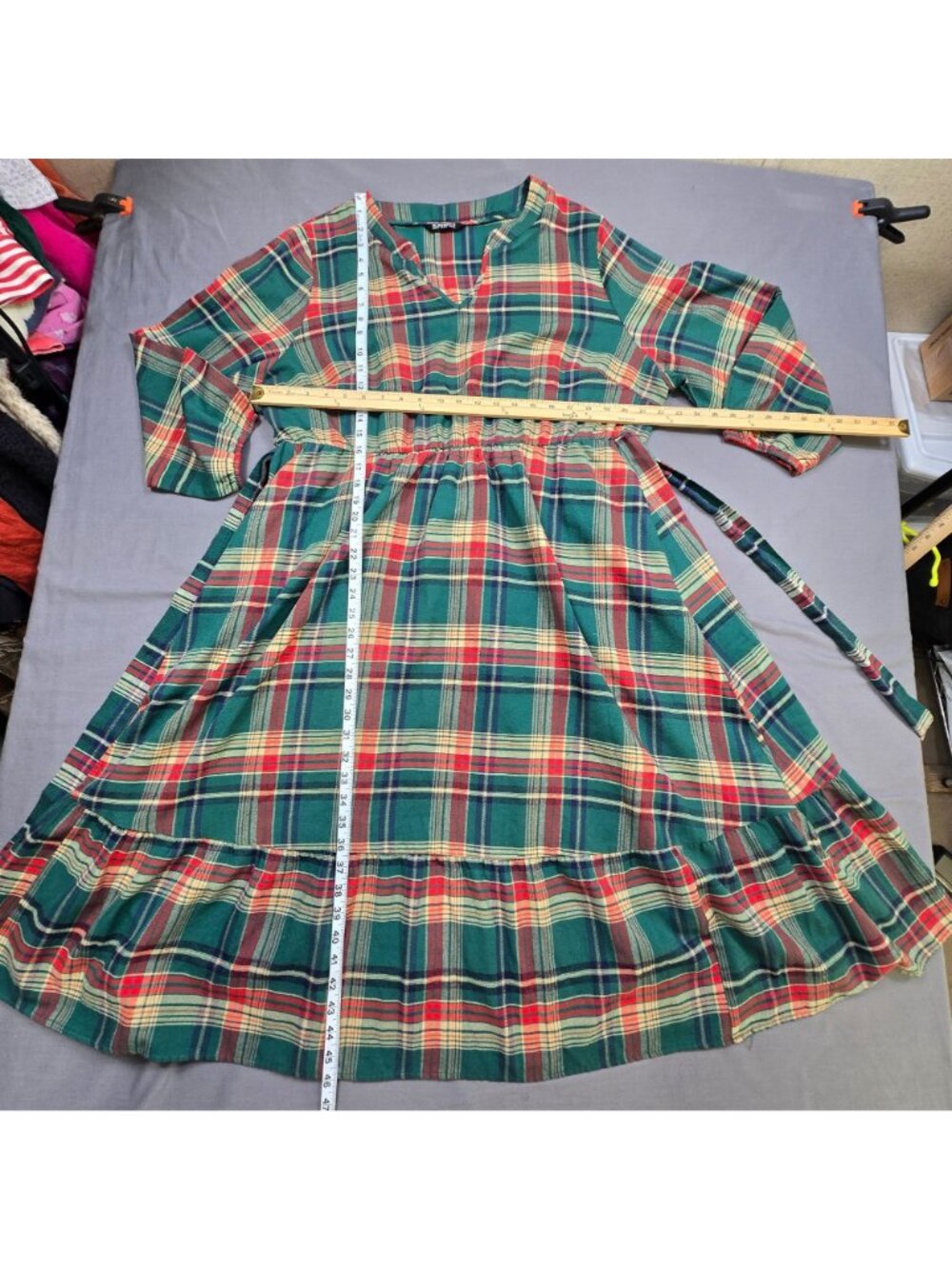 Bloomchic Size 22 24 Plaid Flannel V Neck Belted Long Sleeve Tiered Midi Dress - Picture 5 of 7